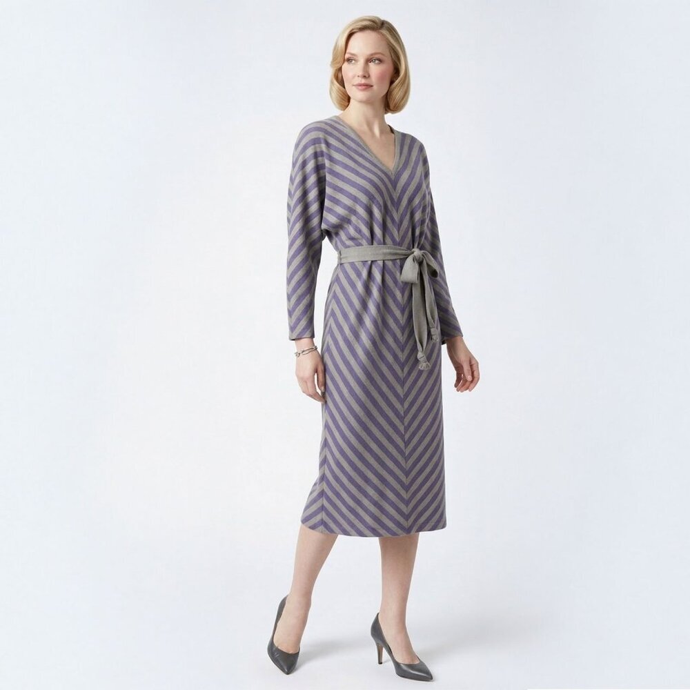 Vintage 90s Nicole Miller 100% Wool Midi Dress Purple Grey Stripe Dolman Sleeves
